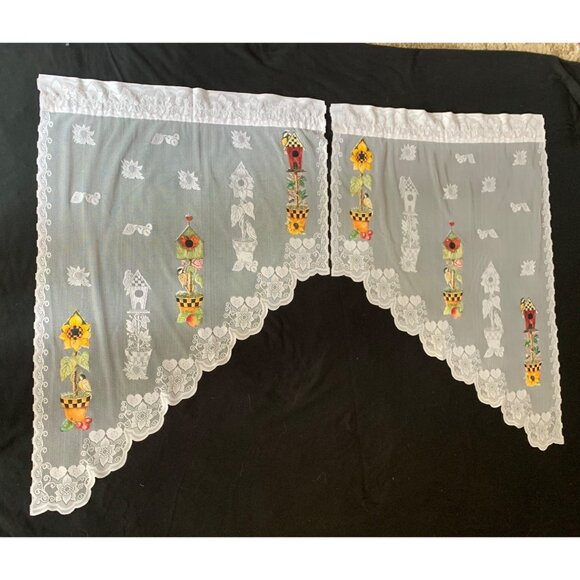 Springtime Swag Lace Curtains with Floral Design 58"x38" White Window Décor - Picture 6 of 15